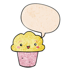 cartoon cupcake and face and speech bubble in retro texture style
