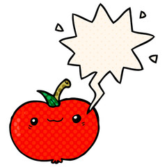 cartoon apple and speech bubble in comic book style