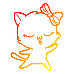 warm gradient line drawing cartoon dancing cat with bow on head