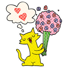 cartoon cat in love with flowers and thought bubble in comic book style