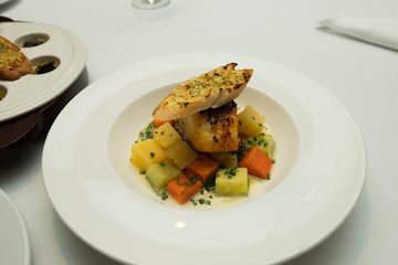 Working Asian Woman Black hair having Lunch big piece Steak grill Dinner of Western food in fusion restaurant cafe and eat alone. Concept enjoy eating myself for good food life