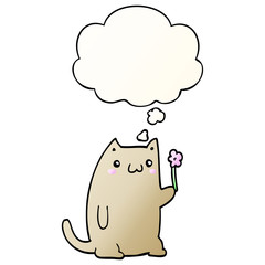 cute cartoon cat with flower and thought bubble in smooth gradient style