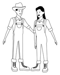 farm, animals and farmer cartoon in black and white