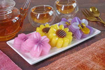 Thai dessert : Layer sweet cake (or Khanom Chan) Thai traditional dessert in beautiful flowers shaped. One of nine famous Thai auspicious desserts in Thailand.