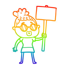 rainbow gradient line drawing cartoon protester woman wearing spectacles