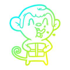 cold gradient line drawing crazy cartoon monkey with christmas present
