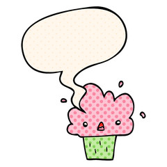 cartoon cupcake and speech bubble in comic book style