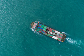 Aerial view container ship to sea port loading container for import export or transportation....