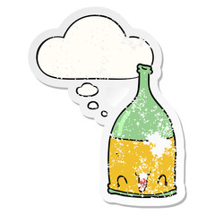 cartoon wine bottle and thought bubble as a distressed worn sticker