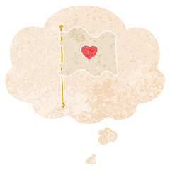 cartoon flag with love heart and thought bubble in retro textured style