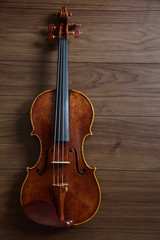 Fototapeta na wymiar old violin on wood background