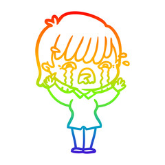 rainbow gradient line drawing cartoon girl crying