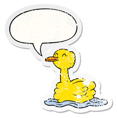 cartoon swimming duck and speech bubble distressed sticker