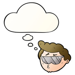 cartoon boy wearing sunglasses and thought bubble in smooth gradient style