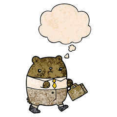cartoon bear in work clothes and thought bubble in grunge texture pattern style