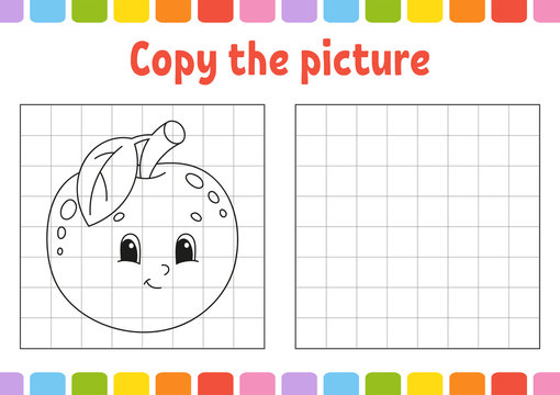 Copy the picture. Coloring book pages for kids. Education developing worksheet. Game for children. Handwriting practice. Funny character. Cute cartoon vector illustration.