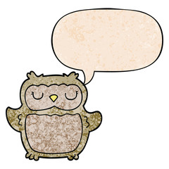 cartoon owl and speech bubble in retro texture style