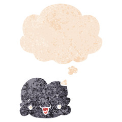 cartoon tiny happy cloud and thought bubble in retro textured style