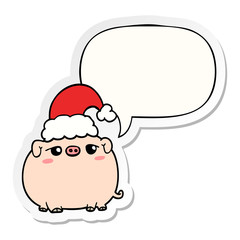 cartoon pig wearing christmas hat and speech bubble sticker