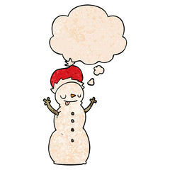 cartoon christmas snowman and thought bubble in grunge texture pattern style