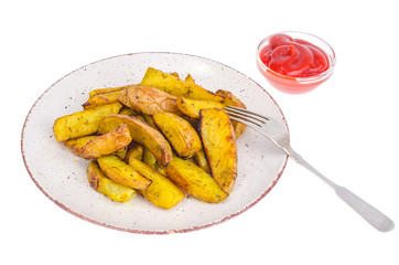 Baked potato wedges on plate isolated on white background