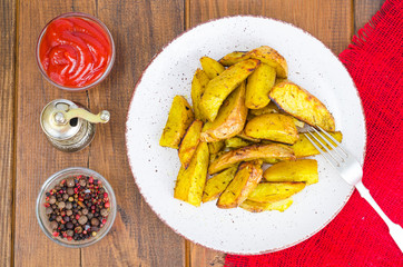 Baked potato wedges with country style herbs on plate