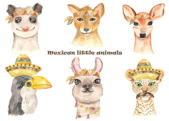 Watercolor invitation poster with cute cartoon llamas, possum, jaguar in headbands. Illustrations with portraits of Mexican animals are great for greeting cards, baby shower, baby design, party, birth
