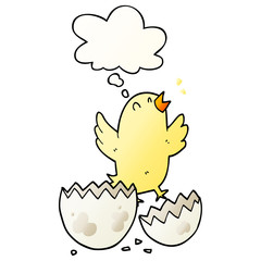 cartoon bird hatching from egg and thought bubble in smooth gradient style