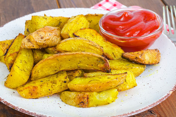 Baked potato wedges with country style herbs on plate