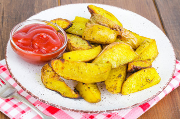 Baked potato wedges with country style herbs on plate