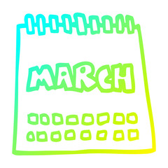 cold gradient line drawing cartoon calendar showing month of march