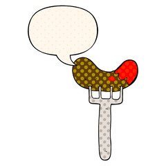 cartoon sausage on fork and speech bubble in comic book style
