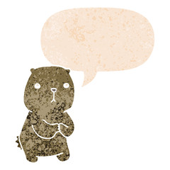 cartoon worried bear and speech bubble in retro textured style