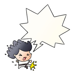 cute cartoon kicking karate champion and speech bubble in smooth gradient style