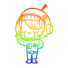 rainbow gradient line drawing cartoon crying astronaut girl