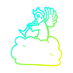 cold gradient line drawing cartoon angel on cloud with trumpet