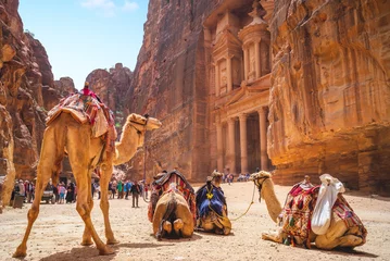 Schilderijen op glas Petra Al Khazneh (The Treasury) met kamelen in Jordanië © Richie Chan