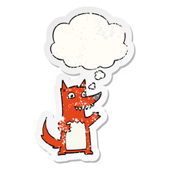 cartoon wolf and thought bubble as a distressed worn sticker