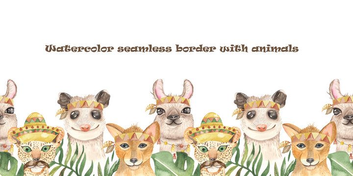Watercolor seamless border with mexican cute cartoon animals. Texture for wallpaper, fabric, textiles, packaging, baby shower, logo, prints, cover design.