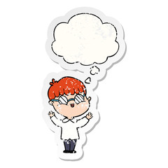 cartoon boy wearing spectacles and thought bubble as a distressed worn sticker