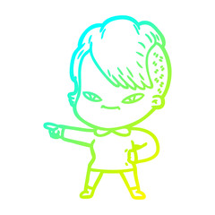 cold gradient line drawing cute cartoon girl with hipster haircut