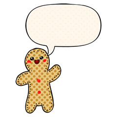 cartoon gingerbread man and speech bubble in comic book style