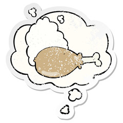 cartoon chicken leg and thought bubble as a distressed worn sticker