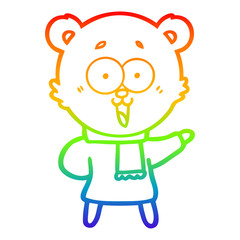 rainbow gradient line drawing laughing teddy  bear cartoon in winter clothes