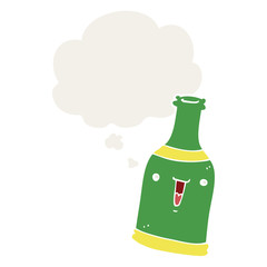cartoon beer bottle and thought bubble in retro style
