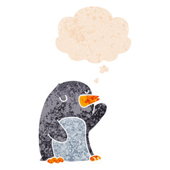 cartoon penguin and thought bubble in retro textured style