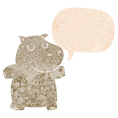 cartoon hippo and speech bubble in retro textured style