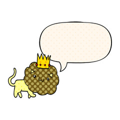 cartoon lion and crown and speech bubble in comic book style