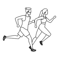 young athletic couple running characters