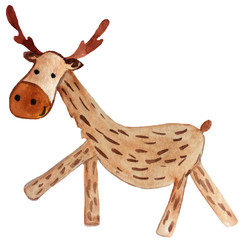 cartoon new year deer. watercolor hand drawing illustrative for design of postcards, posters and prints
